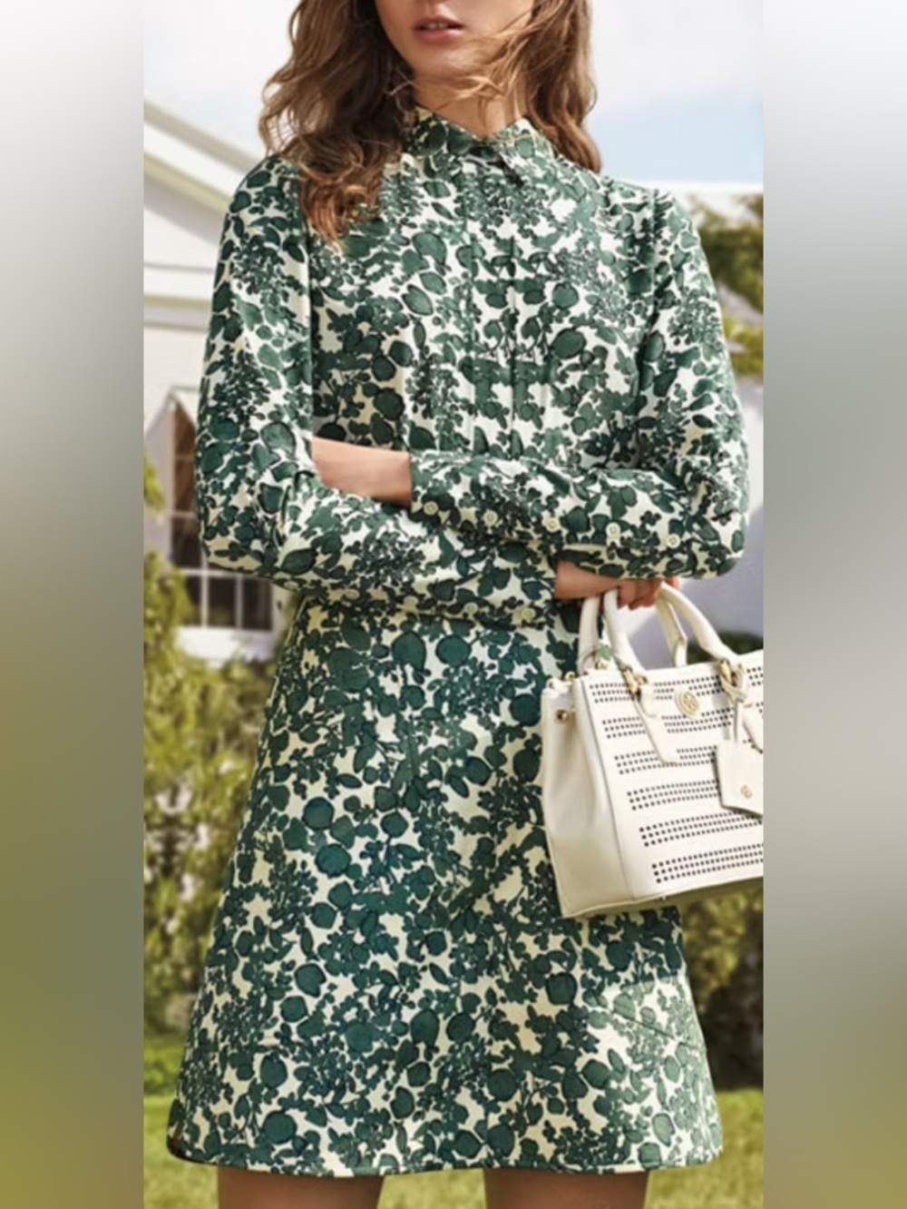 Tory Burch 100% Cotton Green Floral Pattern Skirt & Long Sleeve Shirt Size 6
